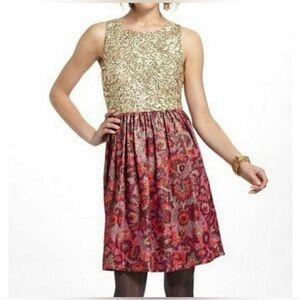Anthropologie Wren Sequined Gold Jacquard Floral Dress Size S